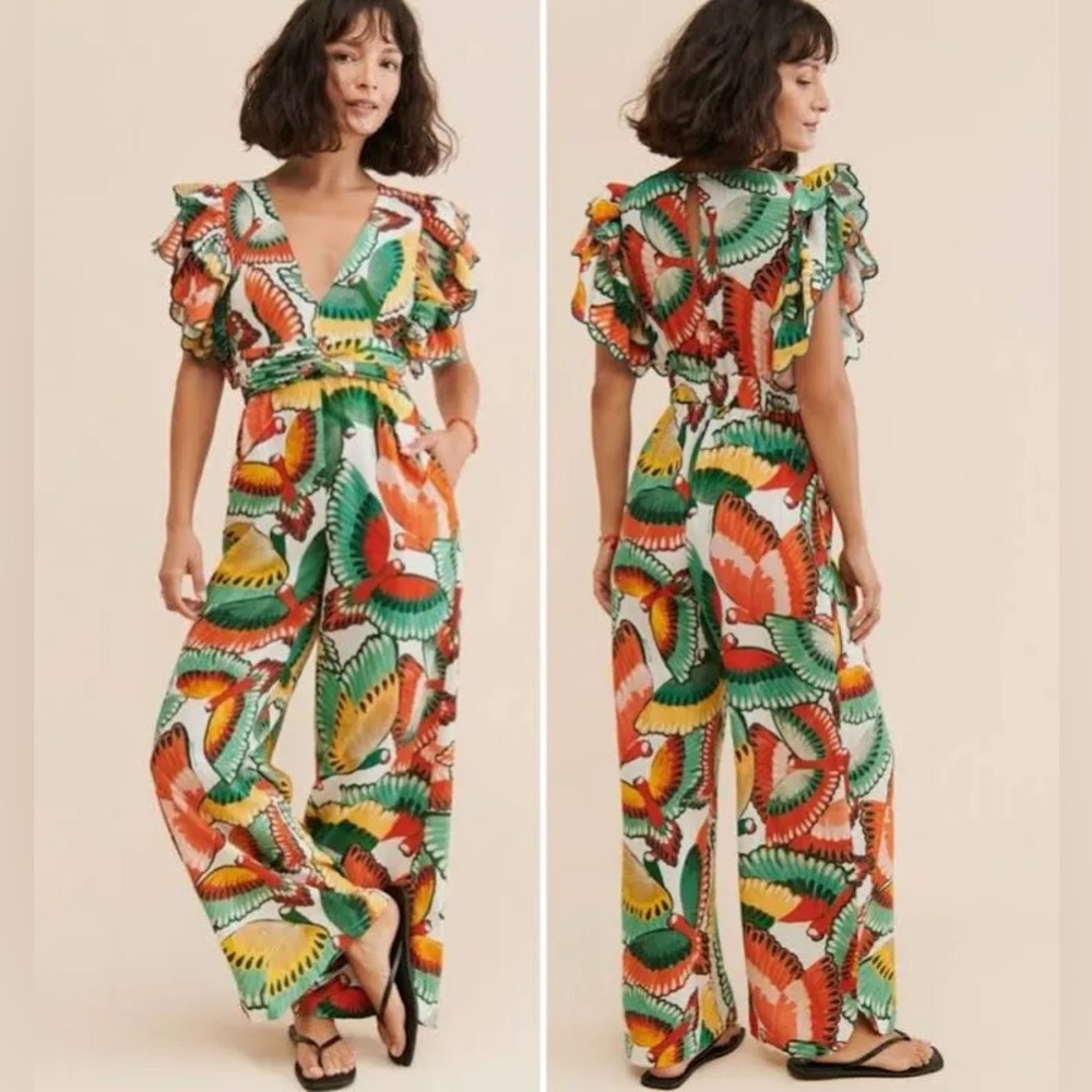 FARM Rio Orange and Green Tropical Jumpsuit with Wide-Leg Design